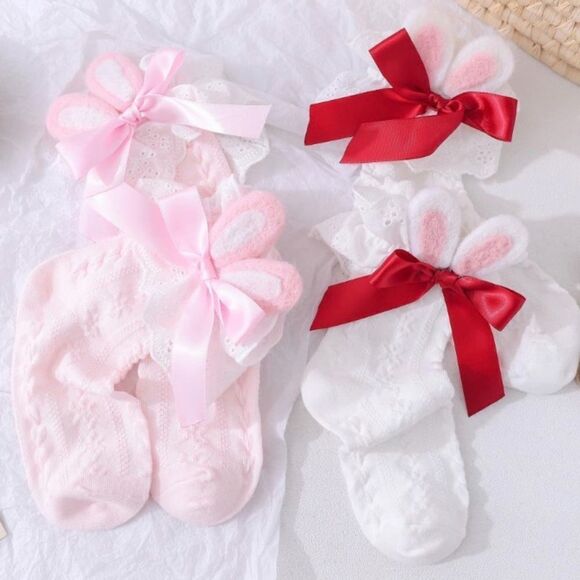 NEW! Furry Easter Bunny Ears Ruffled Bow Ankle Crew Socks - Picture 6 of 6